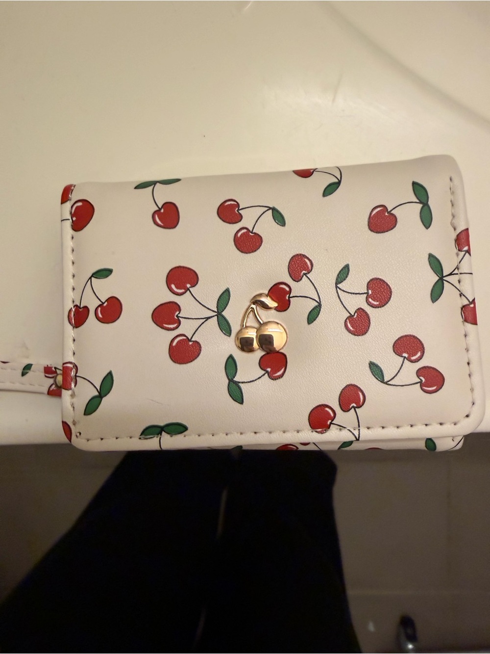 Source Unknown White Cherry Print Wallet with Gold Cherry Accent
